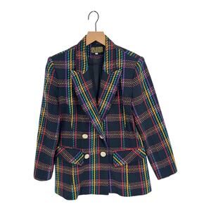 Vintage Splinter Multicolor Plaid Blazer Double Breasted Gold Button Size 9